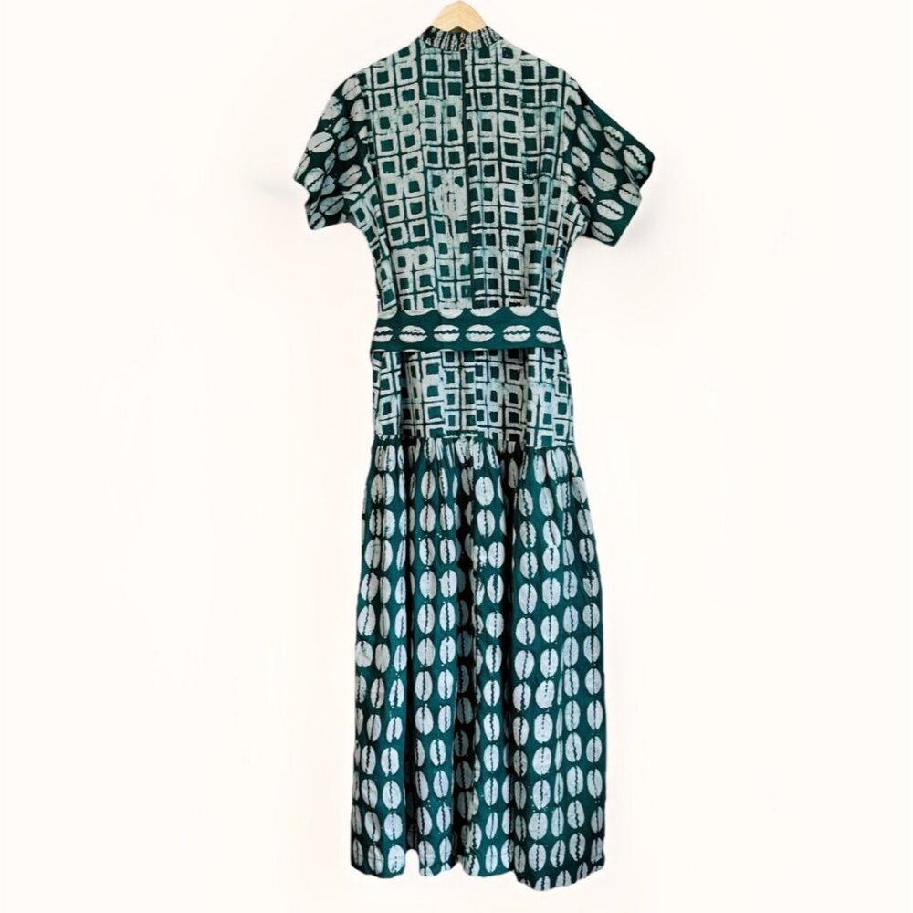 Zanaani Toyin Geometric Print Maxi Dress Sz Large Teal Green Mock Neck Pockets - Picture 4 of 14